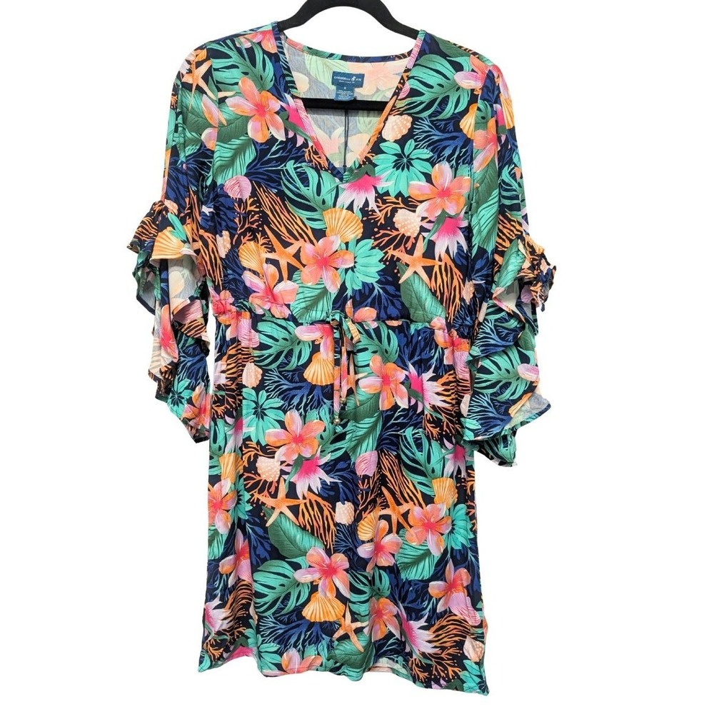 NWT Caribbean Joe Tropical Floral Cover Up Dress Small Rayon Ruffle Sleeve